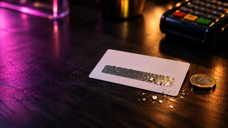 A blank prepaid voucher with a scratched silver strip and a euro coin on a dark counter, a card terminal blurred behind it