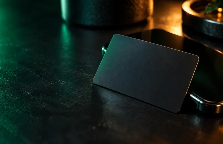 A blank matte black prepaid card leaning against a smartphone on a dark desk, lit in emerald green with warm amber reflections