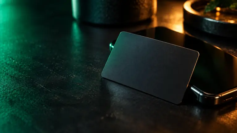 A blank matte black prepaid card leaning against a smartphone on a dark desk, lit in emerald green with warm amber reflections
