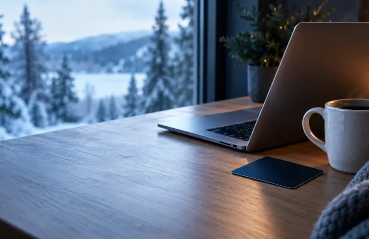 Nordea casinos header: silver laptop and a plain navy bank card on an oak desk by a snowy window