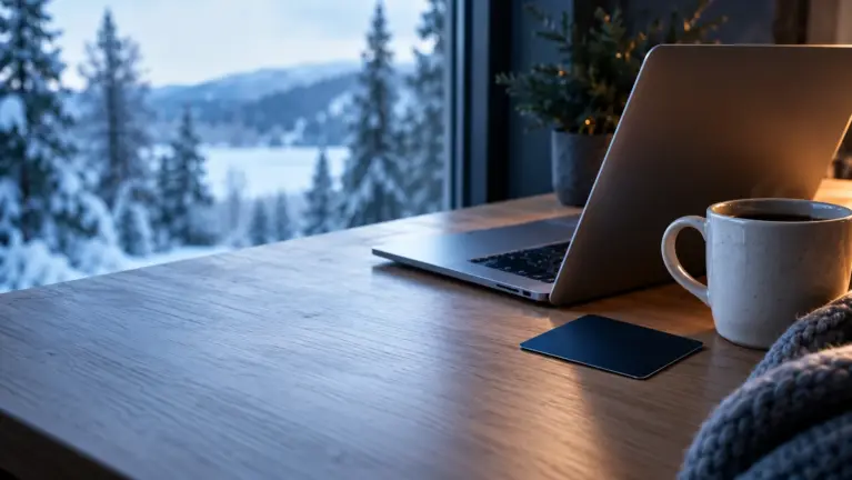 Nordea casinos header: silver laptop and a plain navy bank card on an oak desk by a snowy window