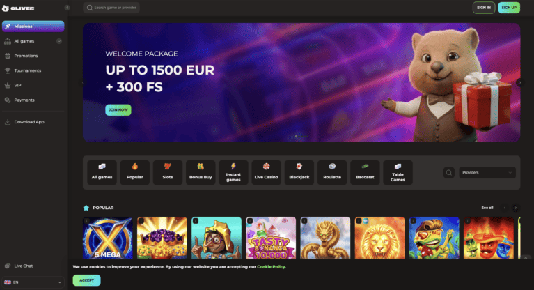 Oliver Casino home page with the 1500 EUR welcome package banner