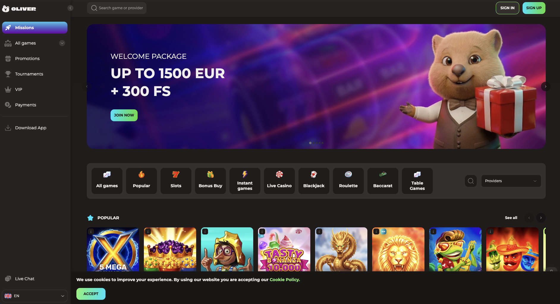 Oliver Casino home page with the 1500 EUR welcome package banner