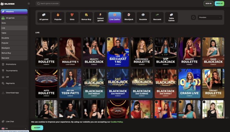 Live casino lobby with blackjack roulette and baccarat rooms
