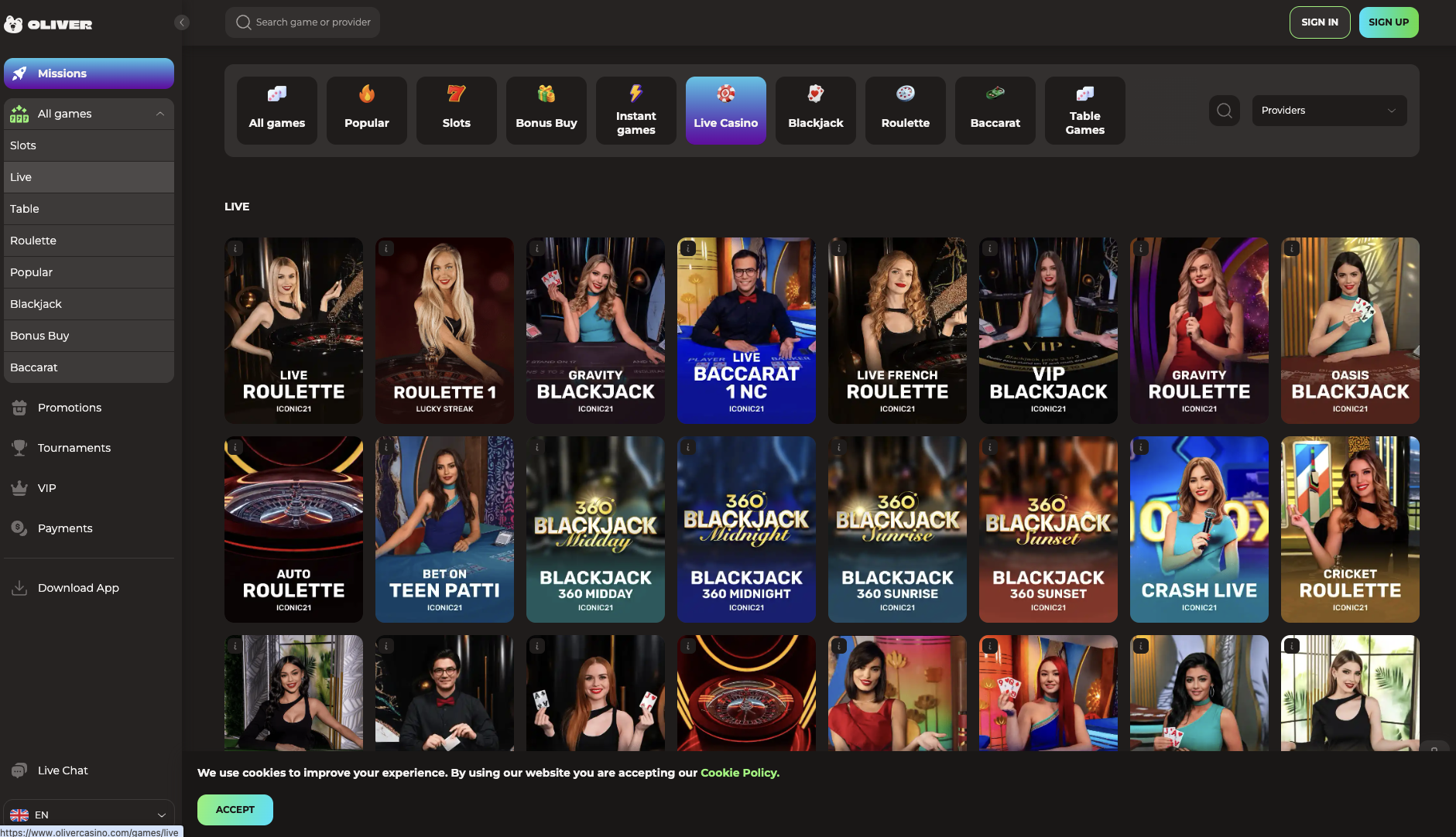 Live casino lobby with blackjack roulette and baccarat rooms