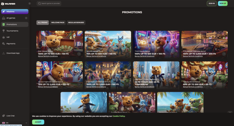 Promotions page listing the three deposit bonuses and the Thursday reload