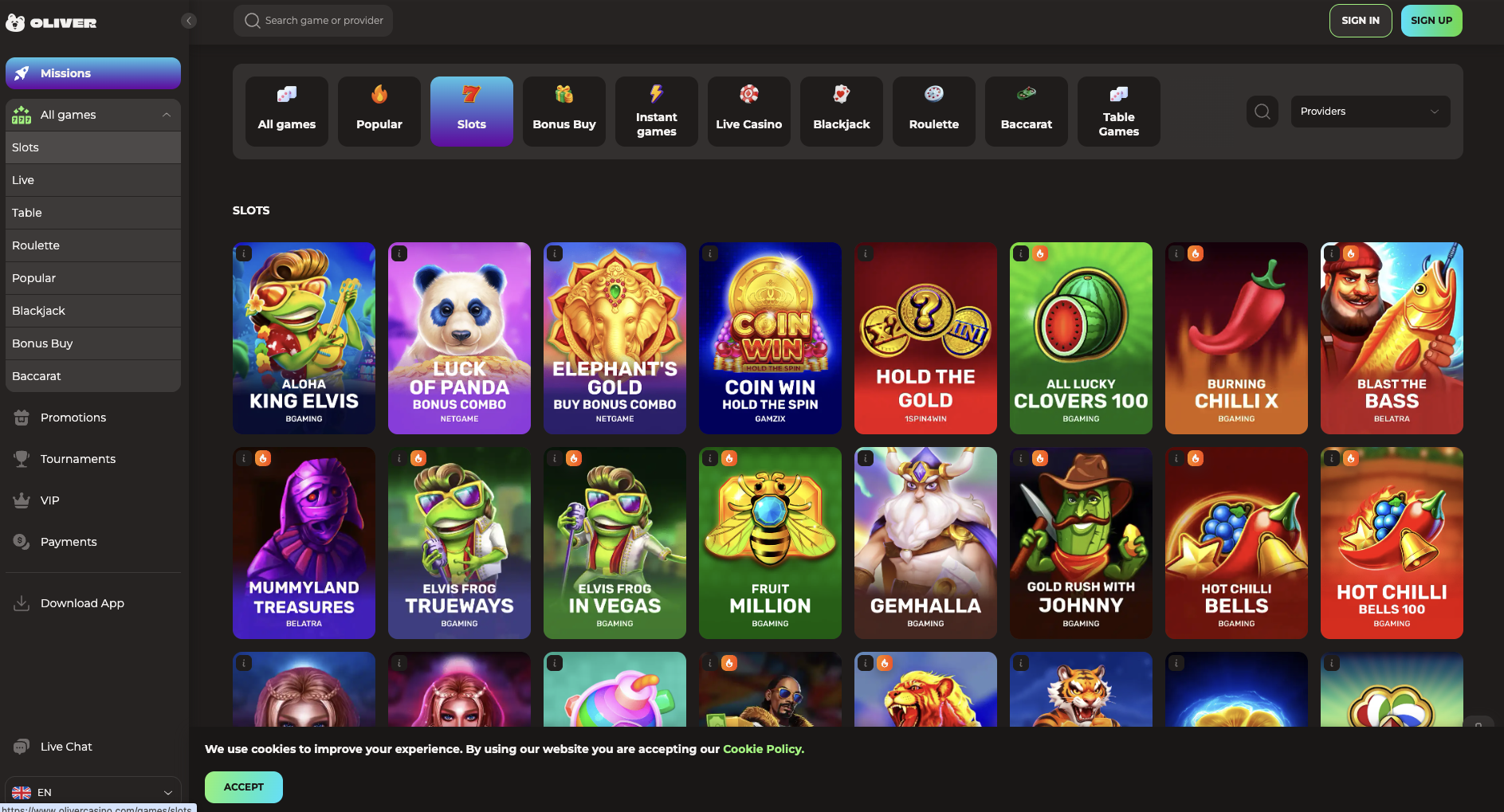 Slots lobby with the provider filter open