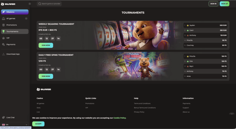 Oliver Casino tournaments page with the weekly leaderboard