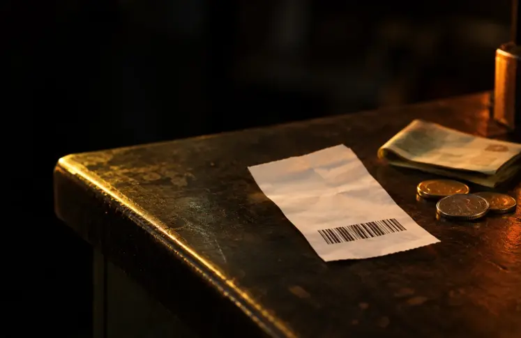 PagoEfectivo casinos header: barcode payment receipt and coins on a shop counter
