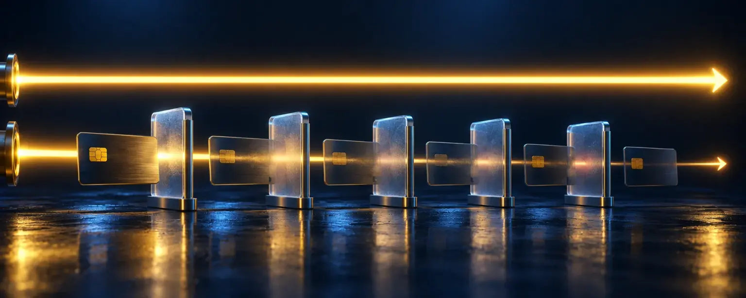 Bank card passing through five frosted gates while a direct lane of light arrives first