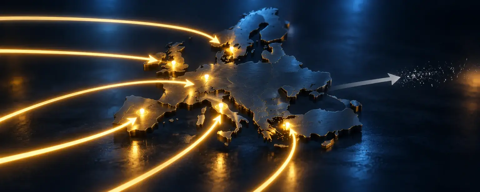 Relief map of Europe with gold nodes fed by one-way arrows showing deposit only methods