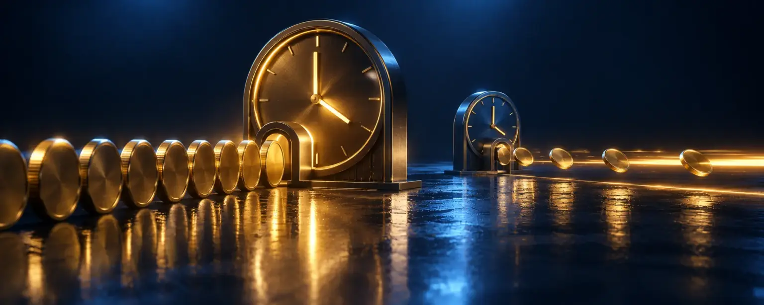 Two gold clocks with coins queuing at the large one and a thin stream past the small one