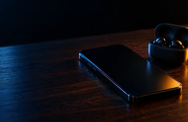 PayPal casinos header: smartphone and wireless earbuds on a walnut desk in blue and amber light