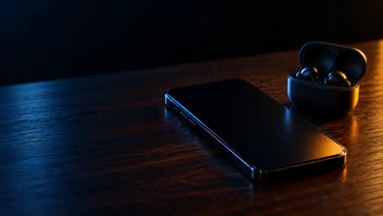 PayPal casinos header: smartphone and wireless earbuds on a walnut desk in blue and amber light