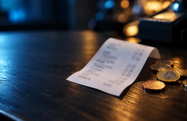 A blurred paper receipt and a few euro coins on a dark wooden shop counter, lit in cool blue with warm light on the coins