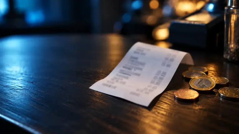 A blurred paper receipt and a few euro coins on a dark wooden shop counter, lit in cool blue with warm light on the coins