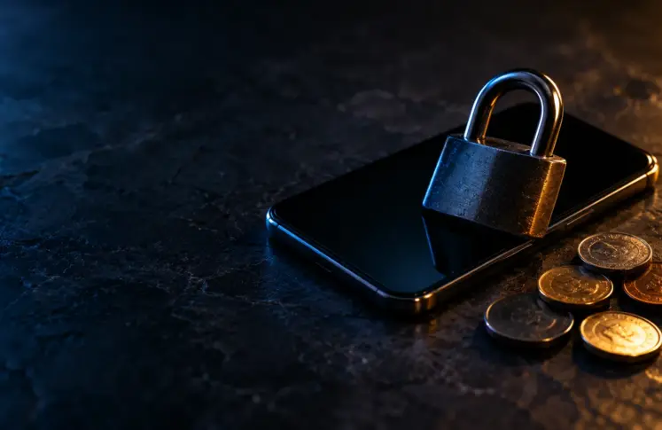 Paytm casinos header: steel padlock resting on a smartphone beside scattered coins