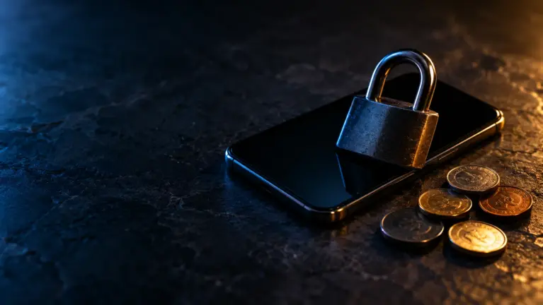 Paytm casinos header: steel padlock resting on a smartphone beside scattered coins