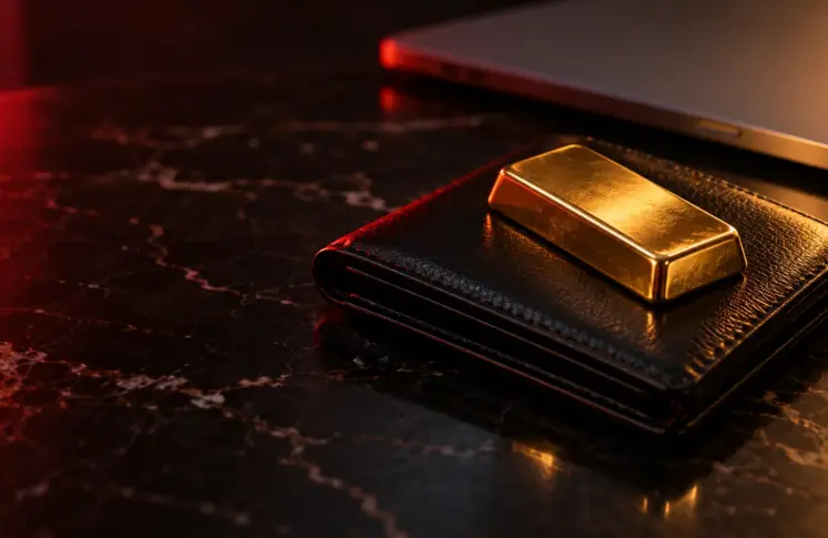Small gold bar resting on a black leather wallet on a dark marble desk