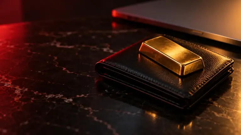 Small gold bar resting on a black leather wallet on a dark marble desk