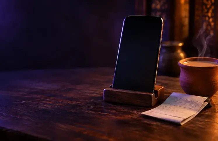 PhonePe casinos header: smartphone in a wooden stand next to a clay cup of spiced tea and a bill