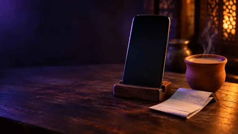 PhonePe casinos header: smartphone in a wooden stand next to a clay cup of spiced tea and a bill