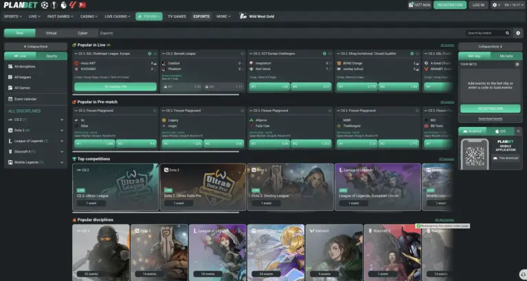 Esports section listing upcoming matches and outright markets