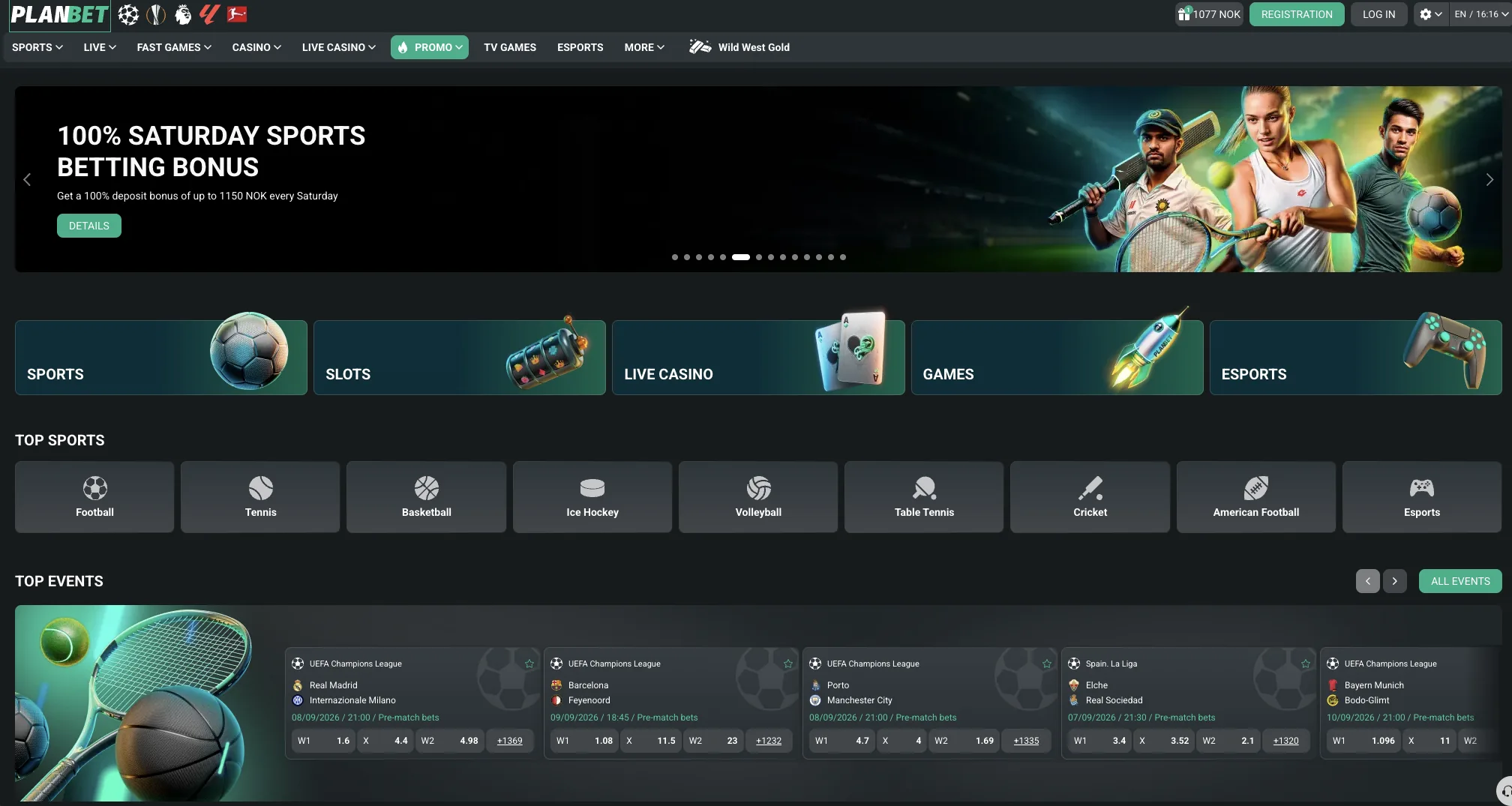 Planbet Casino home page with the welcome offer and live sports banner