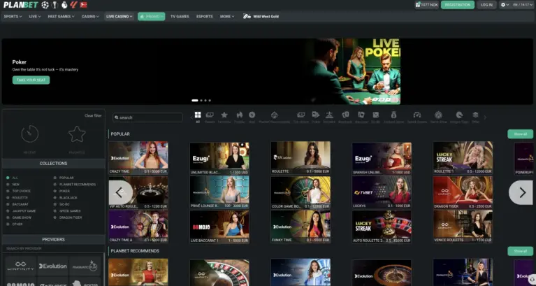 Live casino lobby showing roulette, blackjack and game show tables