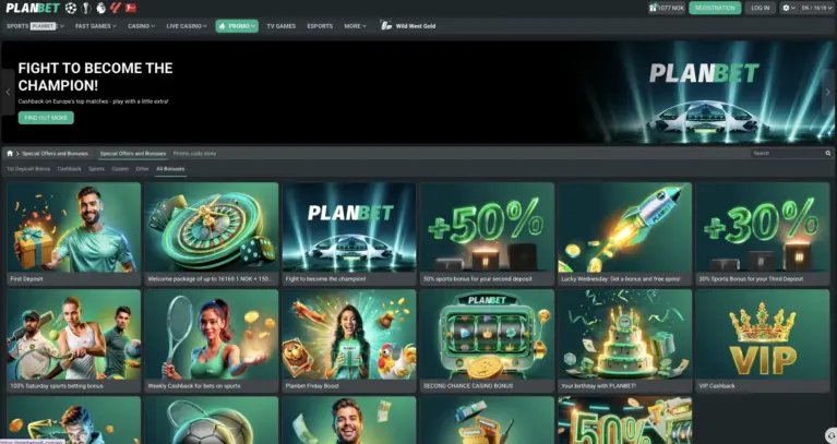 Planbet Casino promotions page with the weekly reload offers