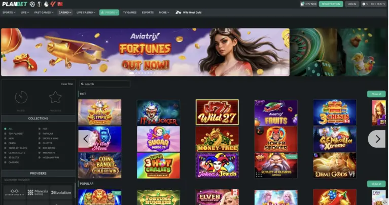 Slot lobby with the provider filter open and popular titles listed