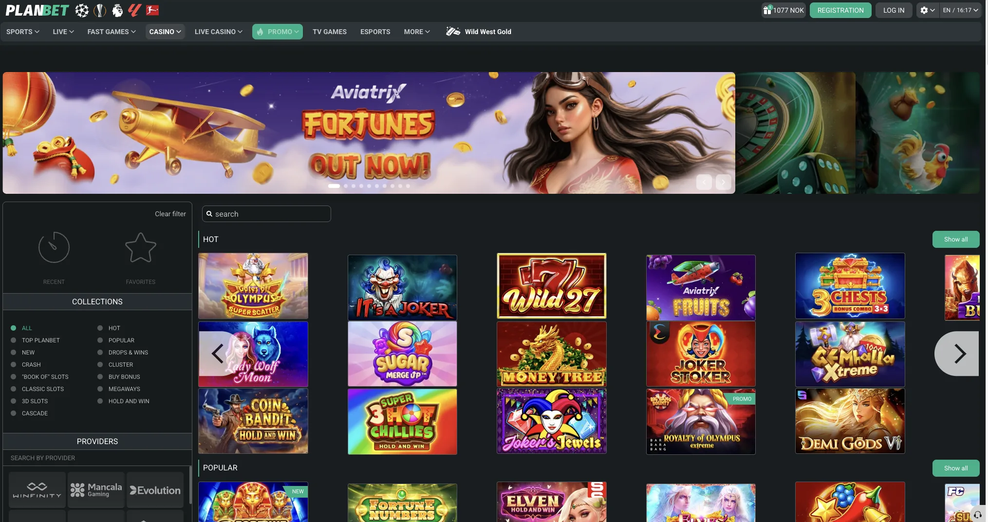 Slot lobby with the provider filter open and popular titles listed