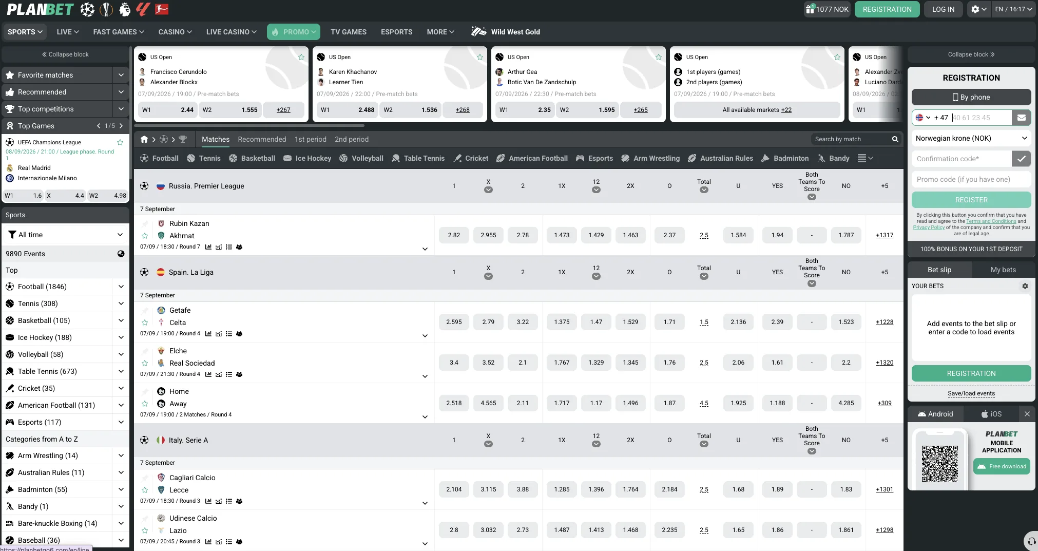 Sportsbook page with live football markets and in play odds