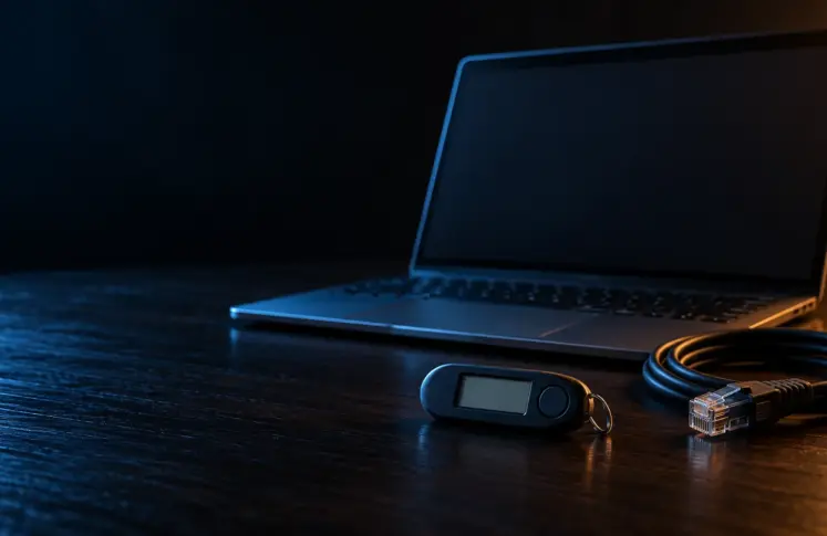 POLi casinos header: laptop with bank security token and ethernet cable