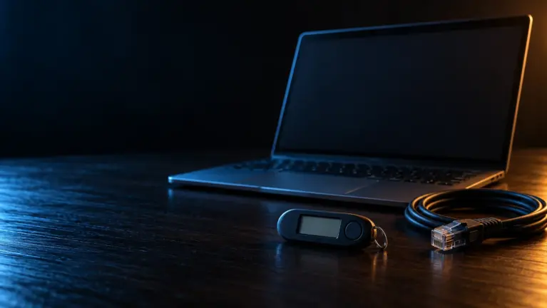POLi casinos header: laptop with bank security token and ethernet cable