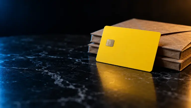 Postepay casinos header: plain yellow prepaid card leaning on paper envelopes