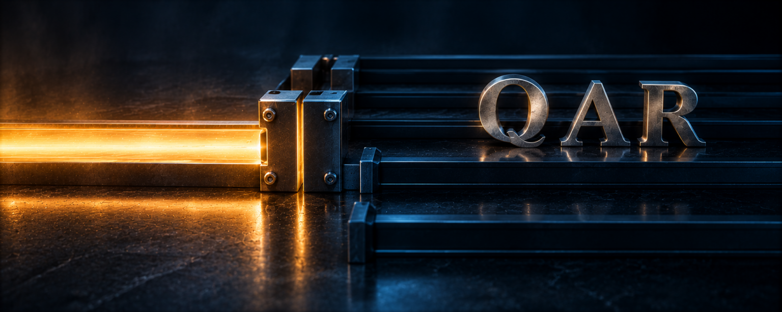 A steel clamp shutting an amber channel of light, with three unrelated parallel channels beside it gone dark and the QAR letterforms standing among them