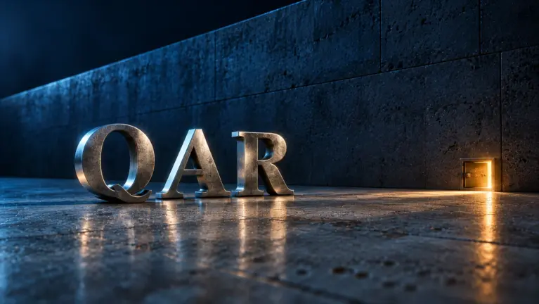 Sculpted platinum letters spelling QAR before a long unbroken stone wall with no doorway, lit blue except for one small amber service hatch