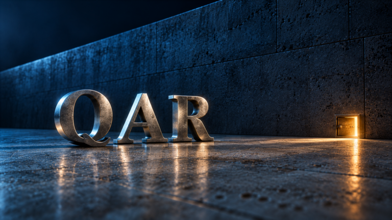 Sculpted platinum letters spelling QAR before a long unbroken stone wall with no doorway, lit blue except for one small amber service hatch