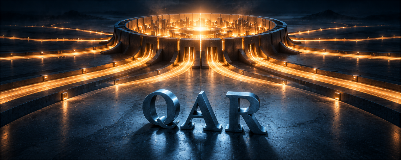A vast bowl-shaped structure lit amber from within, with all channels of light on the ground running away from it and the QAR letterforms on bare ground