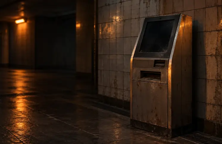 Abandoned payment kiosk with a dark screen in an empty underground passage