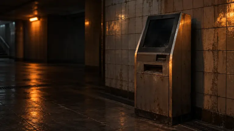 Abandoned payment kiosk with a dark screen in an empty underground passage