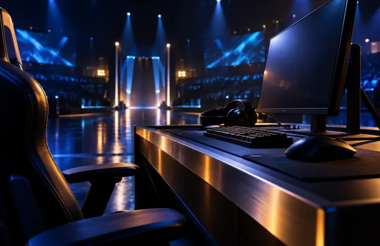 Close view of an empty esports player desk with monitor, keyboard and headset, the lit arena stage and crowd out of focus behind it
