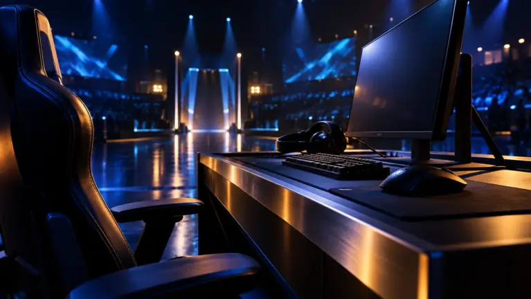 Close view of an empty esports player desk with monitor, keyboard and headset, the lit arena stage and crowd out of focus behind it