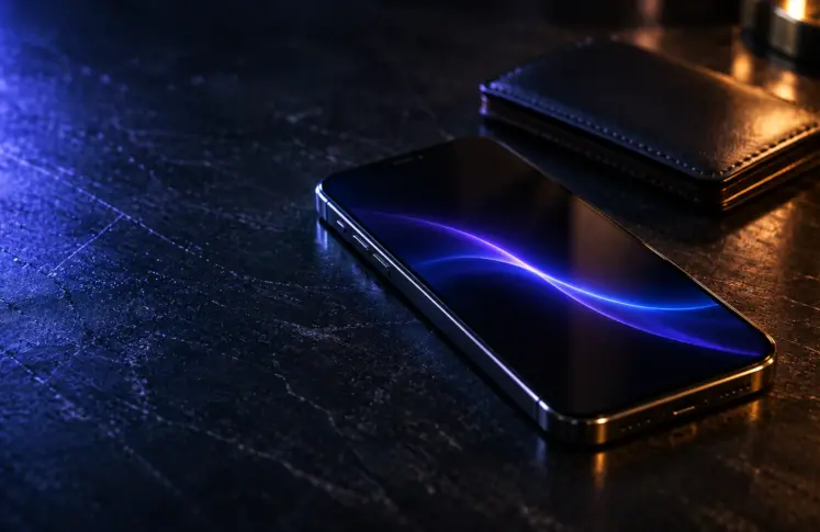 A smartphone lying on a dark scratched desk with a violet and blue light streak across the screen, a leather card holder behind it