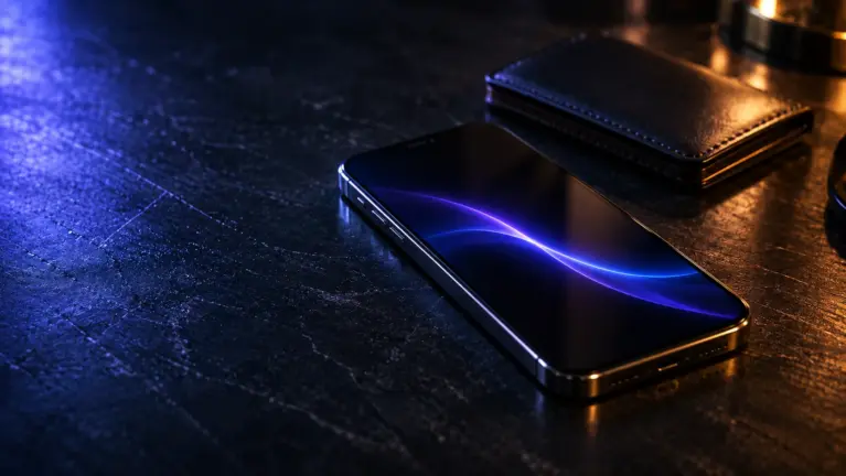 A smartphone lying on a dark scratched desk with a violet and blue light streak across the screen, a leather card holder behind it