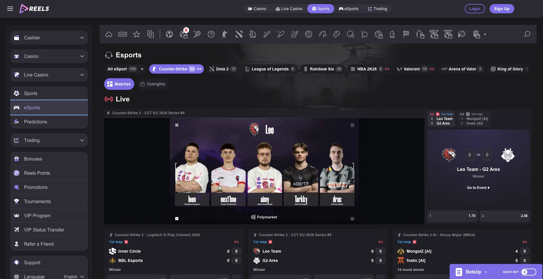 Esports section with live Counter-Strike 2 markets and stream