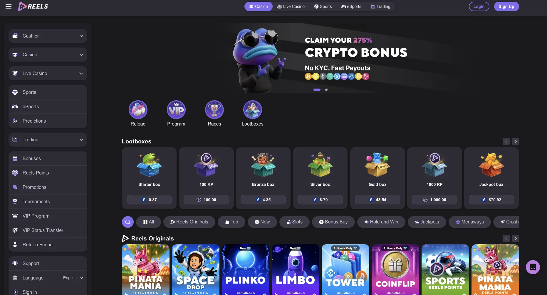 Reels Casino home page with the 275% crypto bonus banner and lootboxes