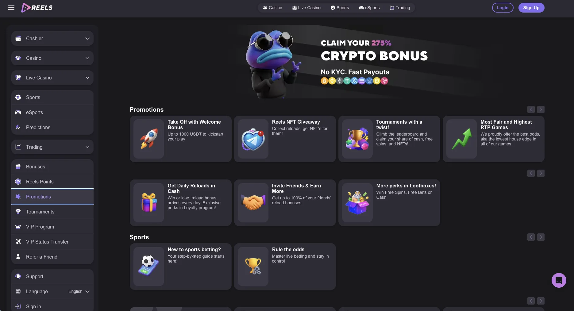 Promotions page listing the welcome bonus, daily reloads and NFT giveaway