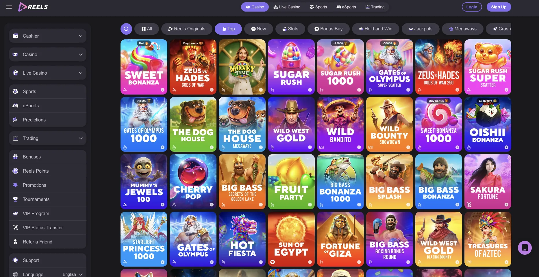 Reels Casino slots lobby with Pragmatic Play hits like Sweet Bonanza and Gates of Olympus